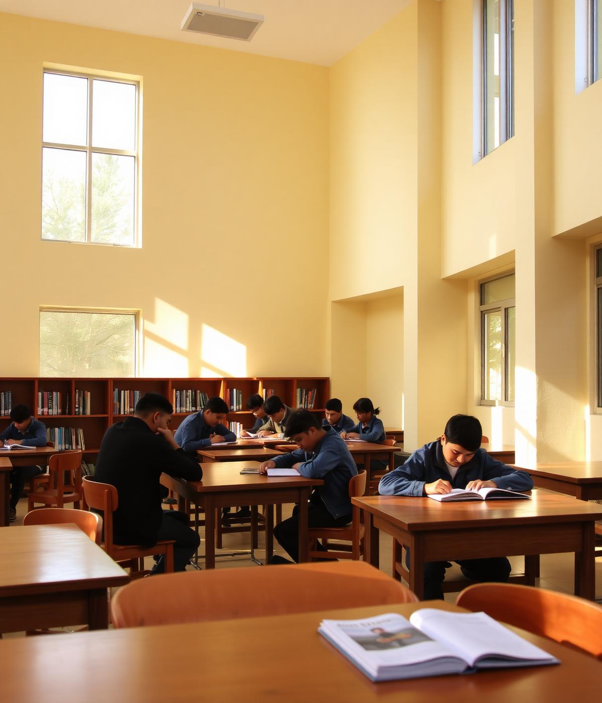 Students reading at wooden tables in the school library