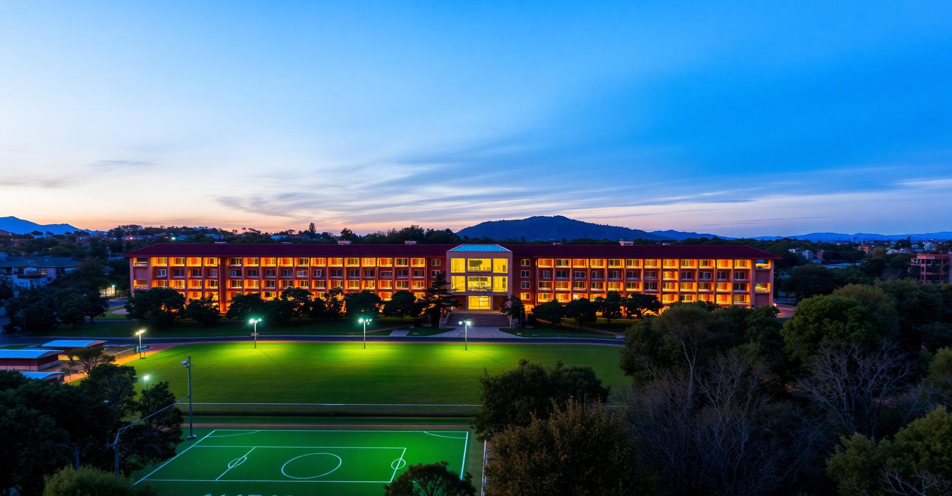 Vidyalaya Academy campus at dusk with lit classrooms and sports ground