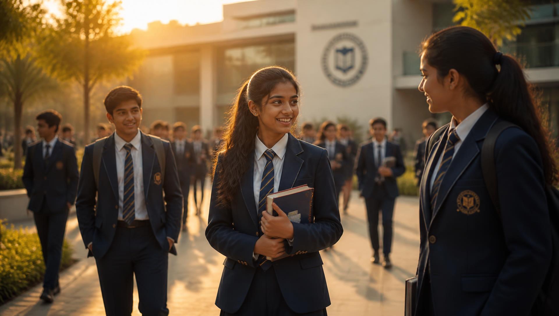 Students walking through the New Jharna Sec School campus at golden hour